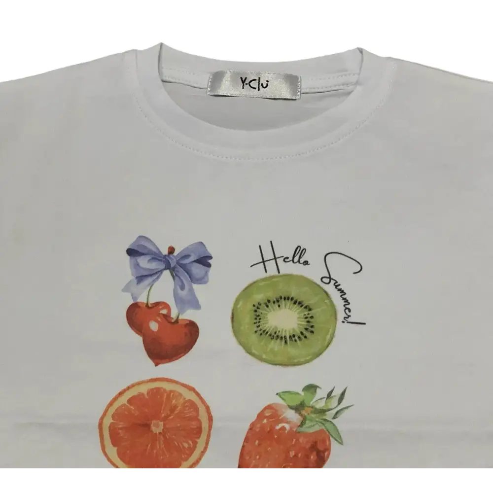Maglietta bambina bianca frutta con stampa di kiwi, fragola, arancia e ciliegia di Y-Clù