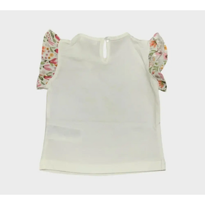 Maglietta e pantaloni fiori bimba Y-Clù con maniche a volant floreali in cotone bianco