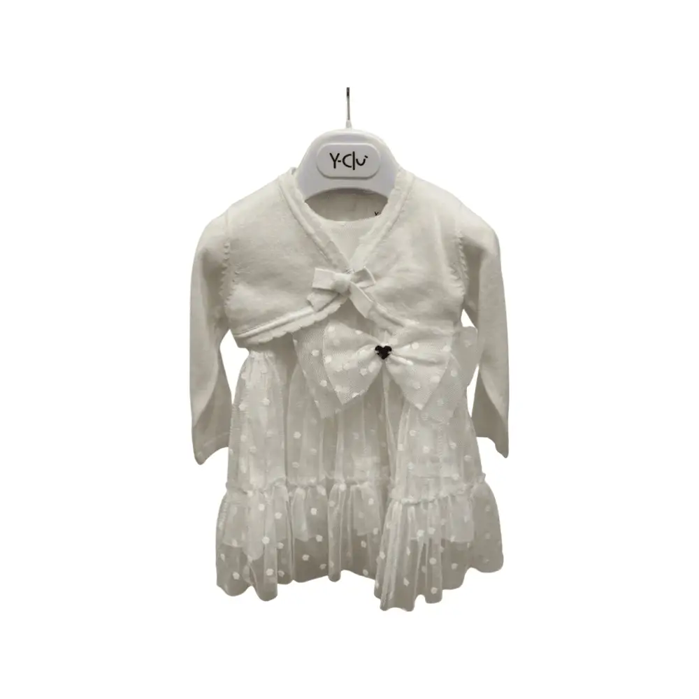 YClu abito tulle panna neonata con coprispalle a maniche lunghe balze a pois e fiocco decorativo