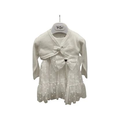 YClu abito tulle panna neonata con coprispalle a maniche lunghe balze a pois e fiocco decorativo