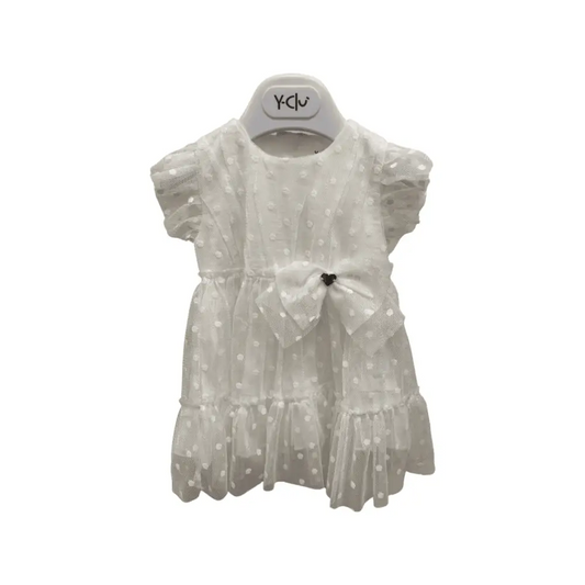 abito tulle panna neonata in tulle a pois con maniche a sbuffo fiocco centrale e gonna a balze