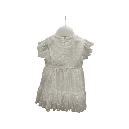 abito tulle panna neonata con pois, maniche a volant, gonna a balze e chiusura posteriore su appendino