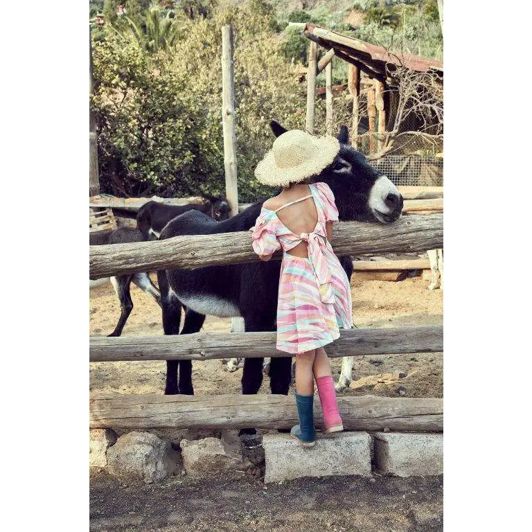 abito colorato bambina 8-16 anni a righe estivo con schiena scoperta indossato da bambina che abbraccia un asino in fattoria