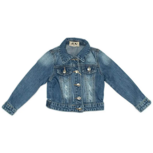 Giacca in jeans blu con bottoni metallici tasche frontali e colletto classico giacca denim bambino dal taglio comodo