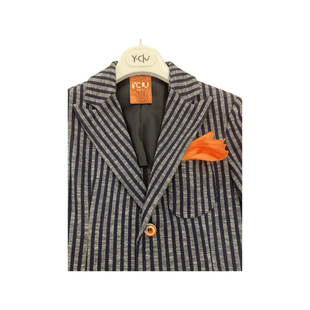 giacca rigata ragazzo 8 16 anni blazer Y Clu blu navy e grigio a righe con fazzoletto arancione e bottone
