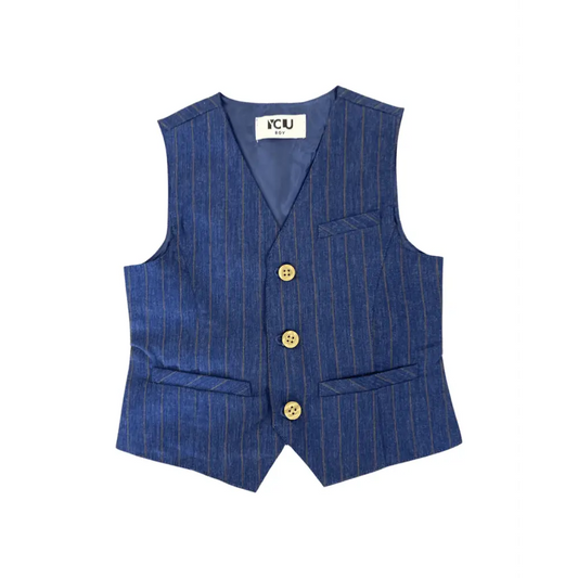 gilet bambino elegante 3-7 anni blu a righe sottili con tre bottoni color legno e tasche frontali