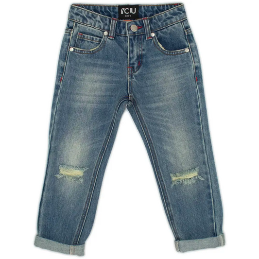 YClù jeans strappati bambino denim blu con effetto vissuto, ginocchia strappate e risvolti casual