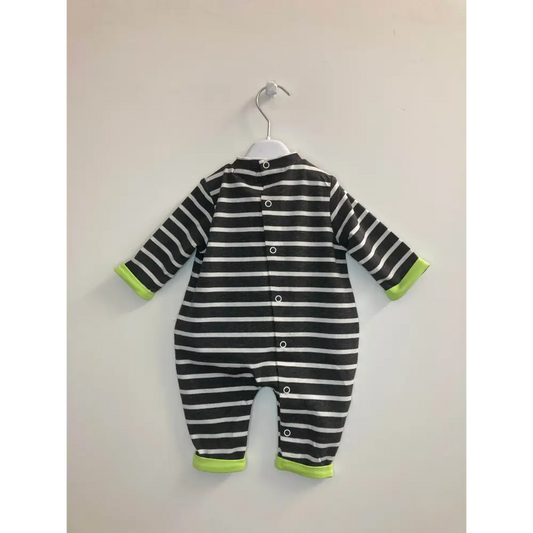 Y Clù tutina invernale neonato rigata grigio scuro con righe bianche bottoni sul retro e polsini verde lime