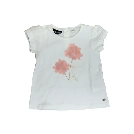 T-SHIRT COLORE LATTE CON I FIORI ROSA TULLE BAMBINA di Sarabanda con maniche corte leggere