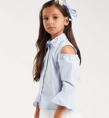 camicia , Camicia bimba in misto cotone stretch con spalla scoperta per Bimba Sarabanda 0W431 - BabyBimbo 0-16, abbigliamento bambini