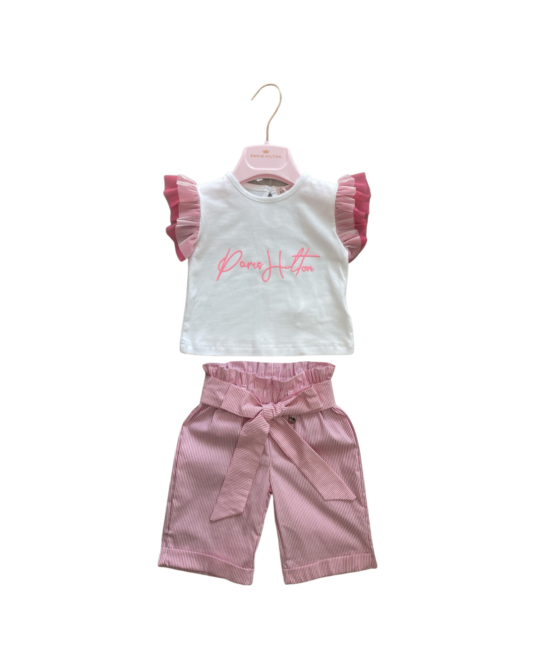 completo , Completo Maglietta+Pantalone a palazzo con cintura per neonata Paris Hilton PHNKS1945 - BabyBimbo 0-16, abbigliamento bambini